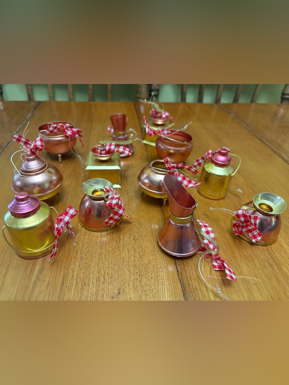 Vintage Copper Miniature Party Ornaments with Red Gingham Ribbon by